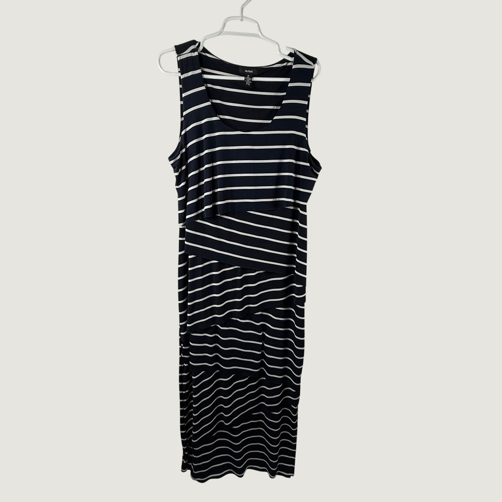 Alfani Womens Navy Blue White Striped Tiered Layered Sleeveless Maxi Dress XL